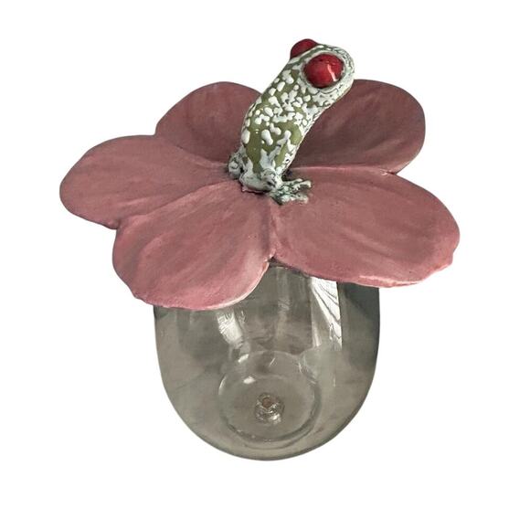 Frog Pink Flower Hanging Wall Decor Lid Hand Made Pottery Leaf Tree Frog Red Eye - Picture 2 of 16